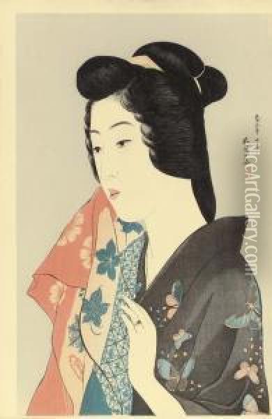 Tenugui Moteru Onna (woman Holding A Towel) Oil Painting - Goyo Hashiguchi