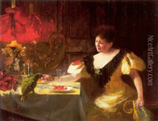 Le Dejeuner Du Perroquet Oil Painting - Georg Schoebel