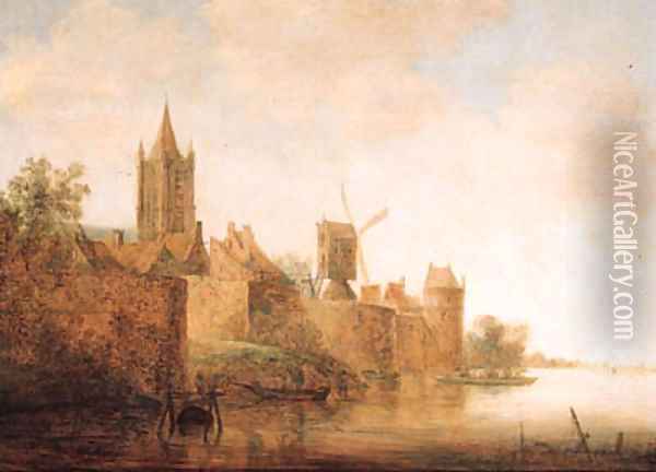 A view of Delft from the river Schie, with the Oude Kerk Oil Painting - Wouter Knijff