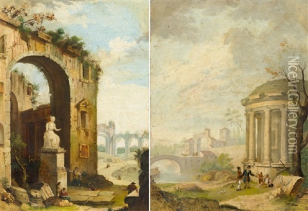 Pair Of Works: Architectural Capricci Oil Painting - Charles-Louis Clerisseau