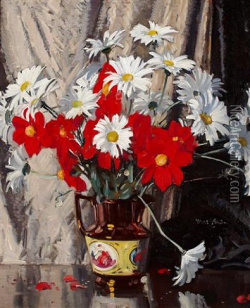 Mixed Flowers In A Copper Lustre Jug Oil Painting - Walter Graham Grieve