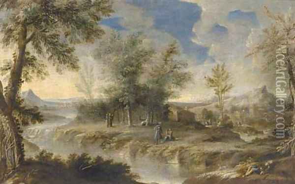 A wooded river landscape with figures on the river bank Oil Painting - Orazio Grevenbroeck