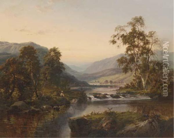 Figures By A River In A Mountainous Landscape Oil Painting - William Henry Mander