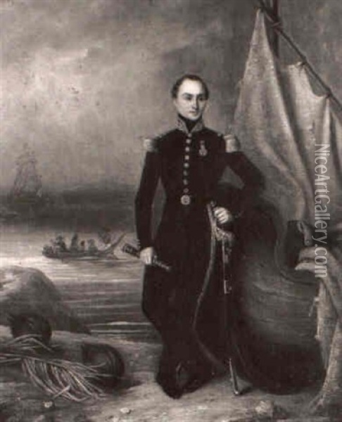 Portrait Du Prince De Joinville (1818-1900), De Plein-pied, En Uniforme D'officier De Marine Sur La Cote Tahitienne, Oil Painting - Anne Nicole Voullemier