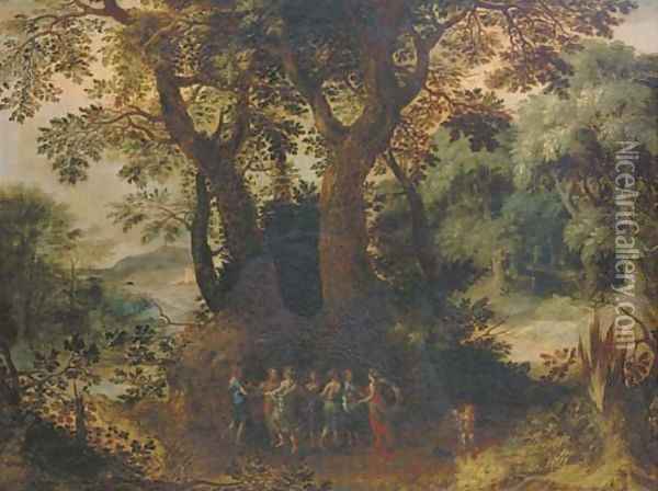 A wooded landscape with dancing nymphs Oil Painting - Abraham Govaerts