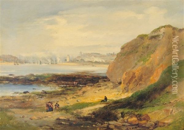 Coastal Scene, Figures In The Foreground And Shipping Off A Harbor In The Distance (sketch) Oil Painting - John Wilson Carmichael