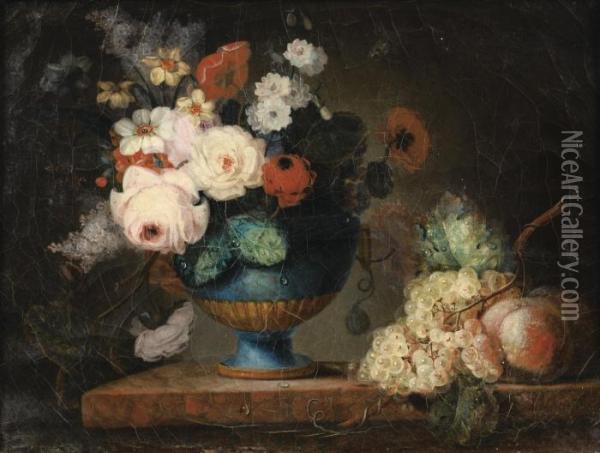 Nature Morte Au Vase De Fleurs, Raisins, Peches Sur Un Entablement De Marbre Oil Painting - Philippe Parpette