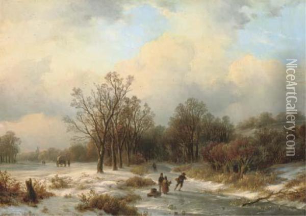 A Sunlit Winter Landscape With Villagers On A Frozen Waterway Oil Painting - Willem Bodemann