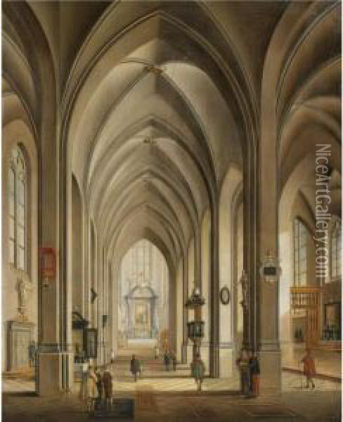 A Cathedral Interior With Figures Oil Painting - Johann Ludwig Ernst Morgenstern