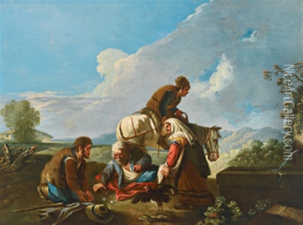 Rastende Bauern In Einer Landschaft Beim Wurfelspiel - Contadini In Riposo Giocando Ai Dadi Oil Painting - Paolo Monaldi
