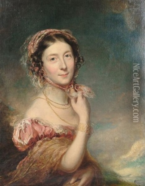 Portrait Of A Lady, Half-length In A Pink Dress And Bonnet Oil Painting - George Patten