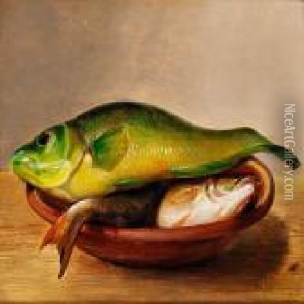 Colourful Fish On A Dish Oil Painting - Johan Laurentz Jensen