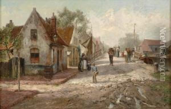 Strasse Mit Kanal In Einem Hollandischen Stadtchen. Oil Painting - Jacques Matthias Schenker