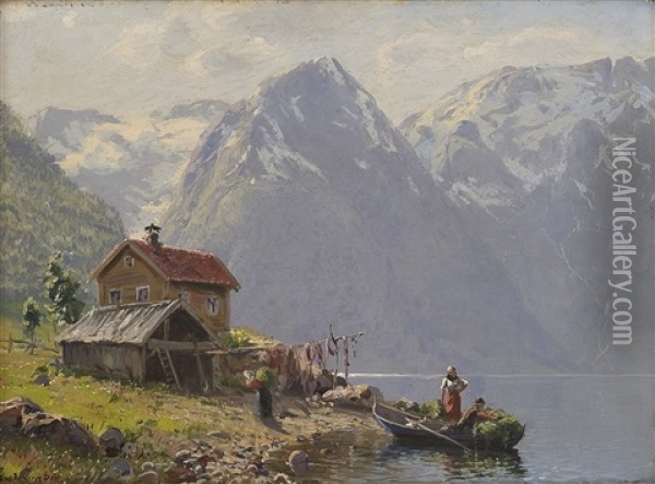 Fjordlandskap Med Folkeliv Oil Painting - Hans Andreas Dahl