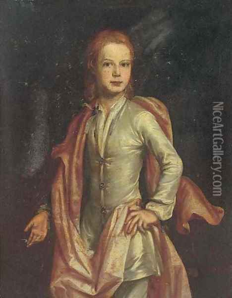 Portrait of boy, three-quarter-length, in a pale blue coat and an orange cloak Oil Painting - English School
