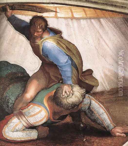 David and Goliath (detail-1) 1509 Oil Painting - Michelangelo Buonarroti