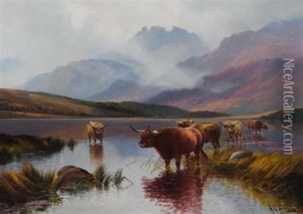 Highland Cattle, Loch Lomond, Sowing The Cobbles Oil Painting - Harald R. Hall