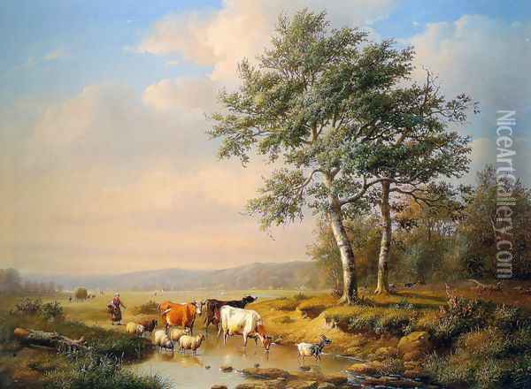 An Extensive Landscape with Cattle Watering Oil Painting - Louis Pierre Verwee