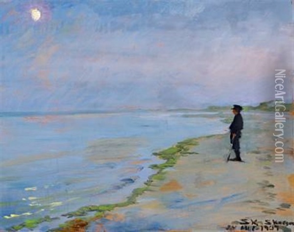 L'heure Bleu In Skagen With Moonlight And A Man On The Beach Oil Painting - Peder Severin Kroyer