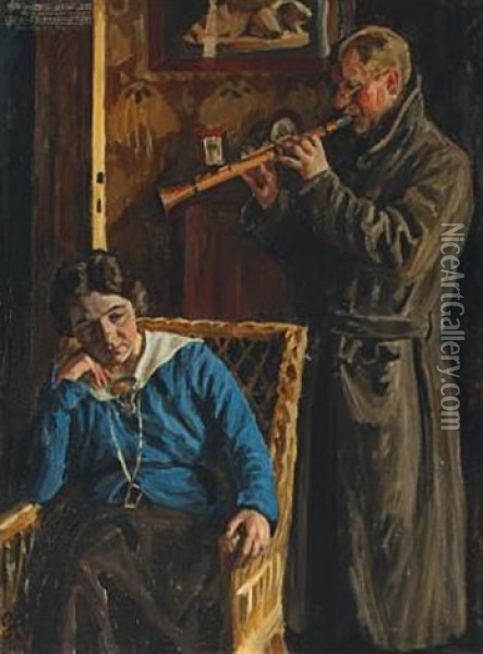 Man Playing The Clarinet For A Woman In A Wicker Chair In An Interior Oil Painting - Peter Marius Hansen