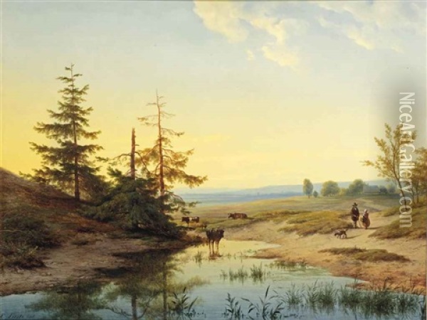 A Moorland With Figures And Cattle By A Pond Oil Painting - Cornelis Lieste