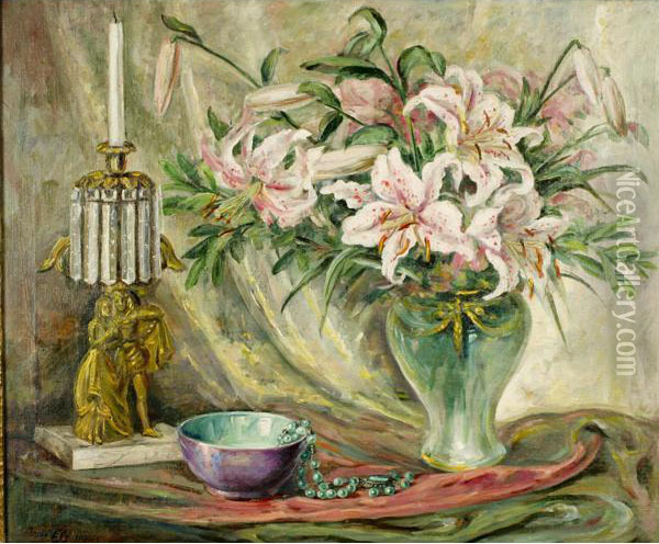 Floral Still Life With Stargazer Lilies And Figural Lustrecandlestick Oil Painting - Maude Eggemeyer