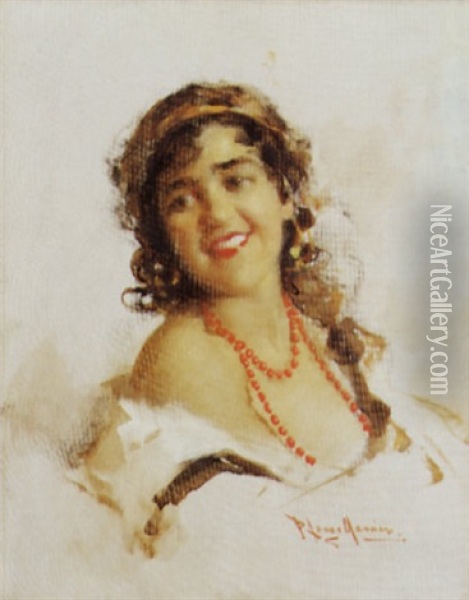 Ritratto Di Donna Con Collana Rossa Oil Painting - Francesco Longo Mancini