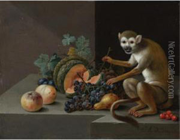 A Monkey Perched On A Stone Ledge With Grapes, A Melon, Cherries, A Pear And Other Fruit Oil Painting - Johann Amandus Winck