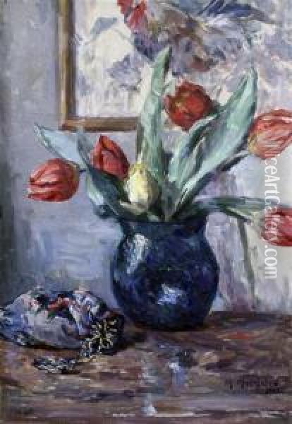 Still Life Of Tulips In A Vase Oil Painting - Margaret Moscheles