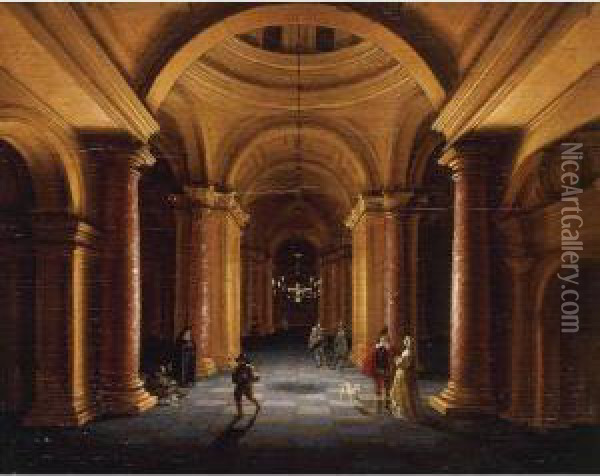 Figures In A Domed Interior Oil Painting - Jan van Vucht