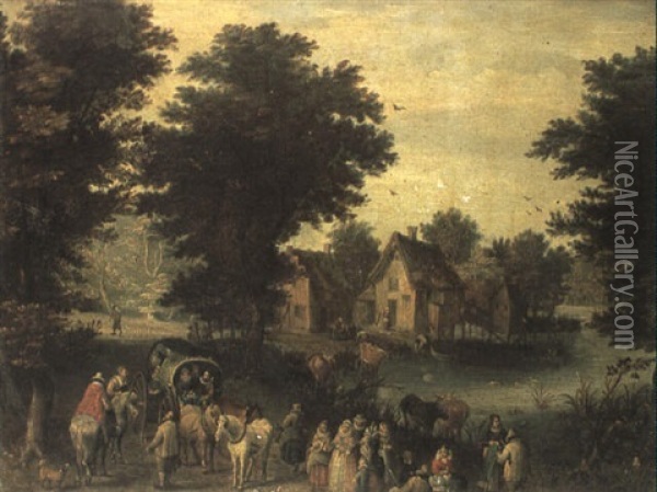 A Woodland River Landscape  Travellers In A     Covered Waggon Oil Painting - Jan Brueghel the Elder