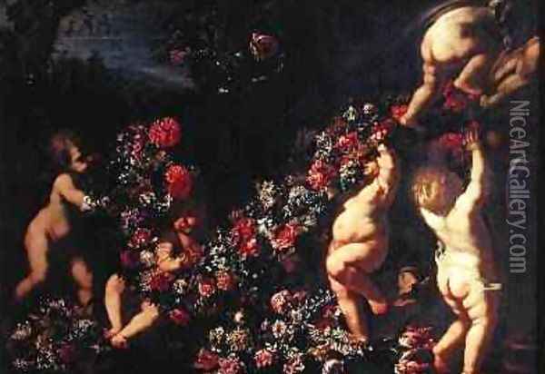 Putti Playing with Garlands of Flowers Oil Painting - Carlo Maratta or Maratti