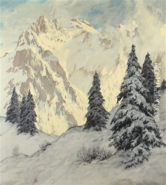 Winterabend Im Karwendel Oil Painting - Hugo Hodiener (Hodina)