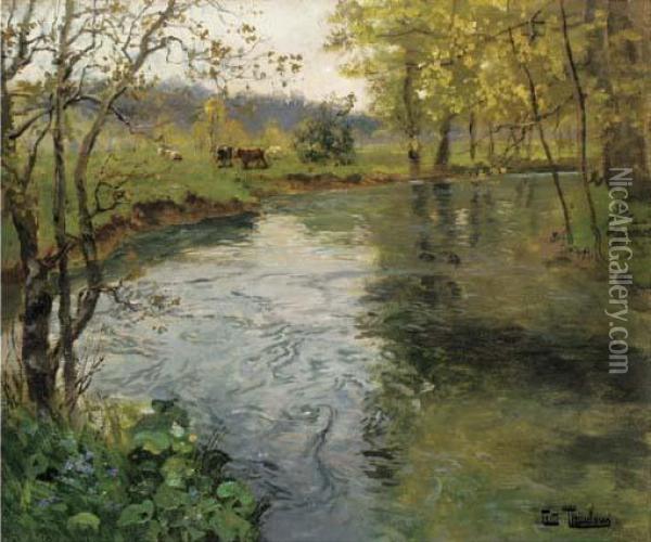 A Landscape With Cows By A Stream Oil Painting - Fritz Thaulow