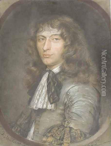 Portrait of a young gentleman, half-length, in a grey costume with lace jabot and black ribbon, in a feigned oval Oil Painting - Bernard Vaillant