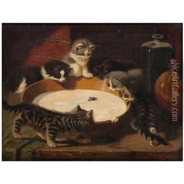 Kittens Around Milk Bowl With Mouse Oil Painting - Sidney Lawrence Brackett