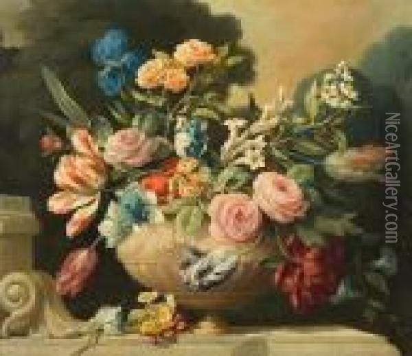 Still Life Of Flowers In A Classicalvase Oil Painting - Pieter III Casteels