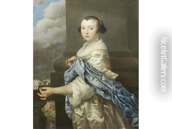 Portrait Of A Lady, Three-quarter-length, In A White Dress And Blue Shawl, With A Pearl Necklace, Holding A Rose Oil Painting - Isaac Luttichuys