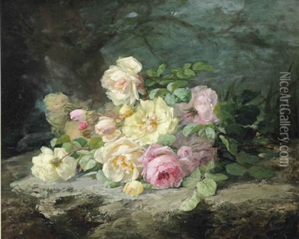 White And Pink Roses On A Forest Floor Oil Painting - Margaretha Roosenboom