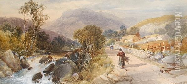Figures On A Path By A River Oil Painting - James Burrell-Smith