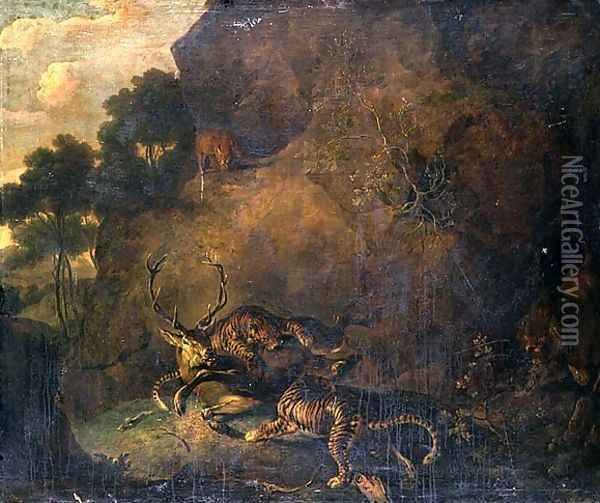 Tigers attacking a stag in rocky landscape Oil Painting - Carl Borromaus Andreas Ruthart