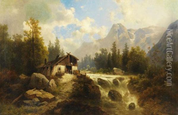 Gebirgslandschaft Mit Schmiede An Einem Bach Oil Painting - Josef Thoma