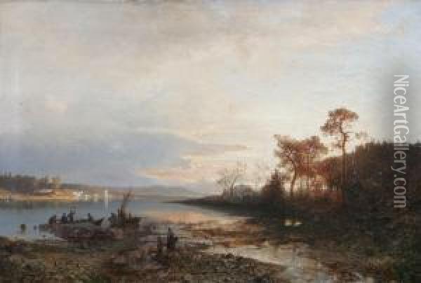 Skymningslandskap Med Figurer Vid Strand Oil Painting - Alfred Wahlberg