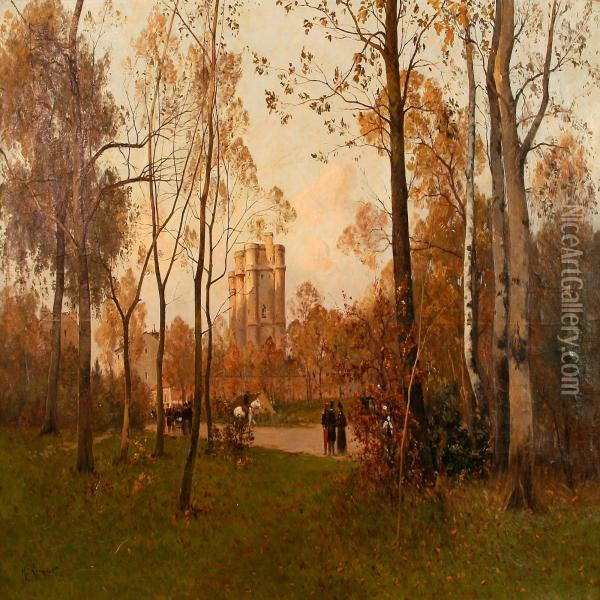Autumn Day At Sunset In Bois De Boulogne Oil Painting - Henri Linguet