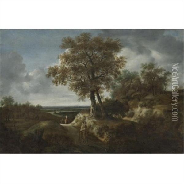 Landscape With Travelers And A Village In A Distance Oil Painting - Jacob Van Ruisdael