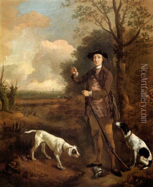 Major Dade And His Two Pointers In A Landscape Oil Painting - Thomas Gainsborough