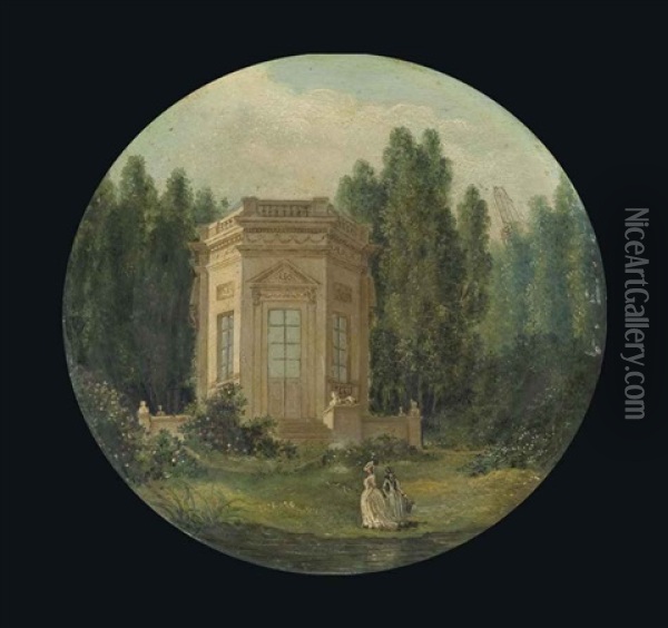 Les Jardins Du Petit Trianon Avec Le Belvedere A Versailles Et Une Jeune Femme (marie-antoinette ?) Se Promenant Oil Painting - Hubert Robert