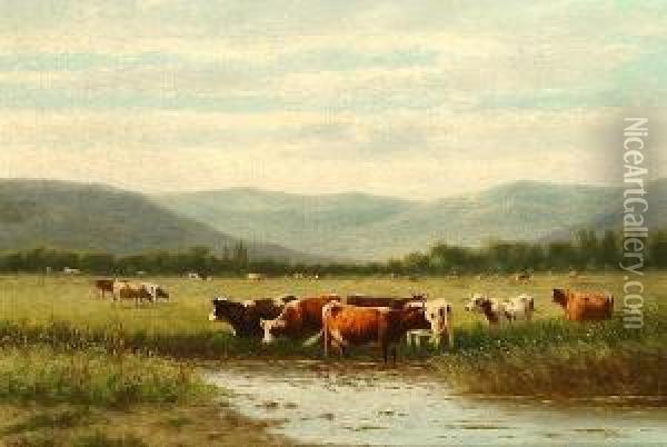 Cattle Watering; Ducks On A Pond By A Farmstead Oil Painting - William Frederick Hulk