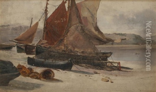 Fishing Boats On A Welsh Beach Oil Painting - Edwin Hayes