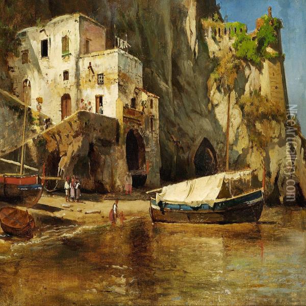 Coastal View With An Old House And A Boat, Sorrento Oil Painting - Carl Frederick Sorensen